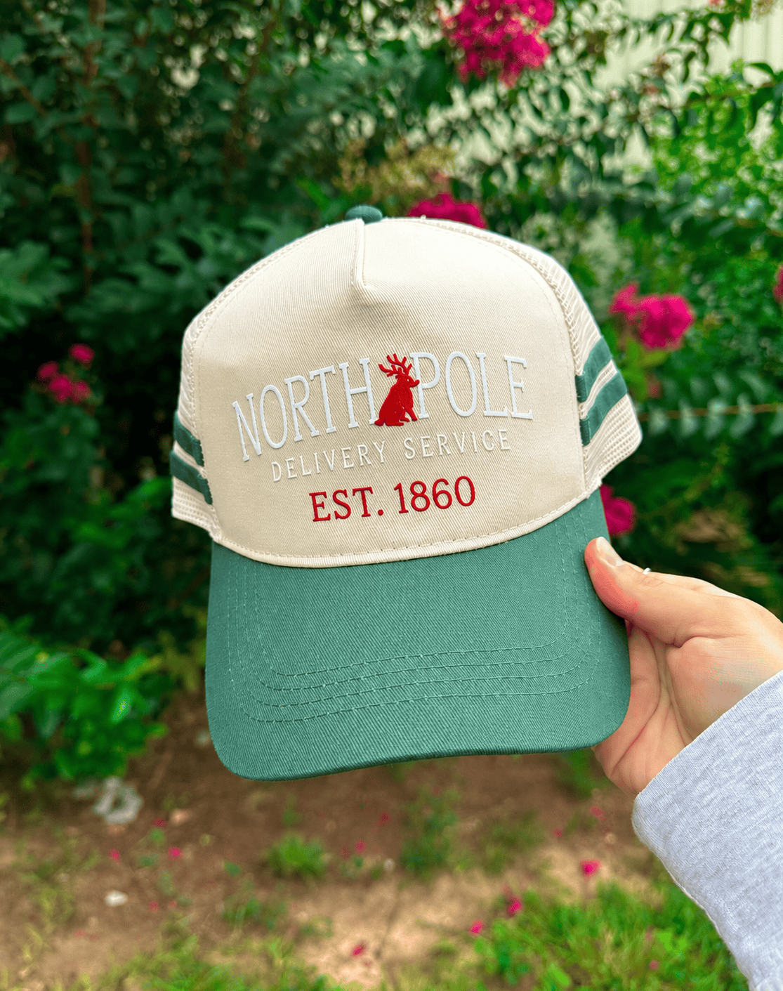 North Pole Delivery Dark Green Striped Canvas Trucker Hat