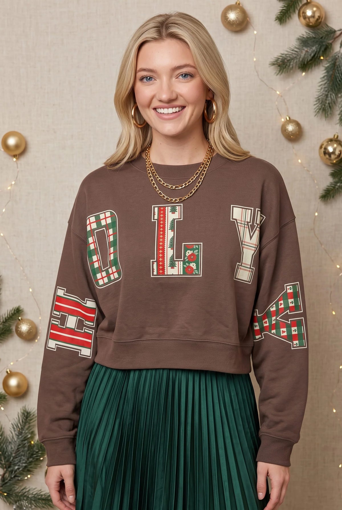 Holly Jolly Patch Mocha Crop Sweatshirt by Southern Bliss